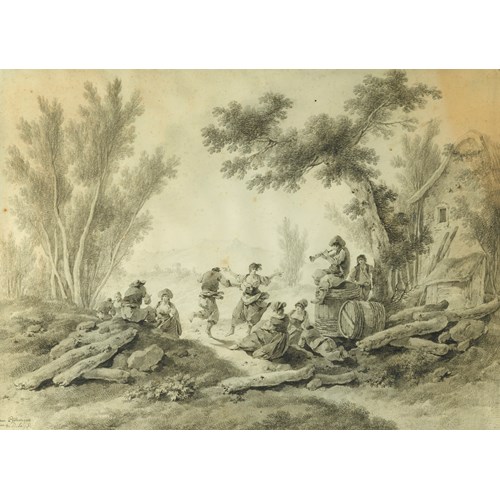 Peasants Resting and Dancing to a Piper beside a Farm